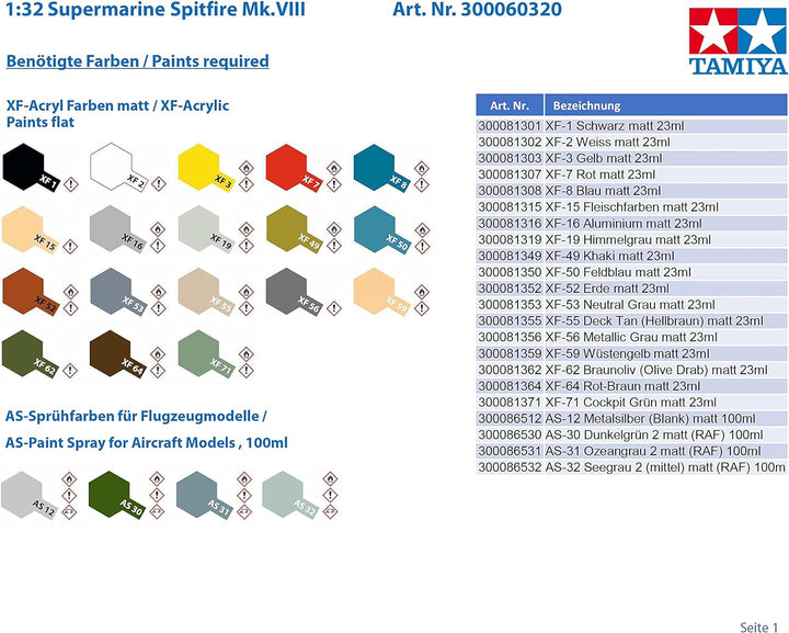 TAMIYA 60320 - 1:32 Supermarine Spitfire Mk.VIII, Modellbau, Plastik Bausatz, Basteln, Hobby, Kleben