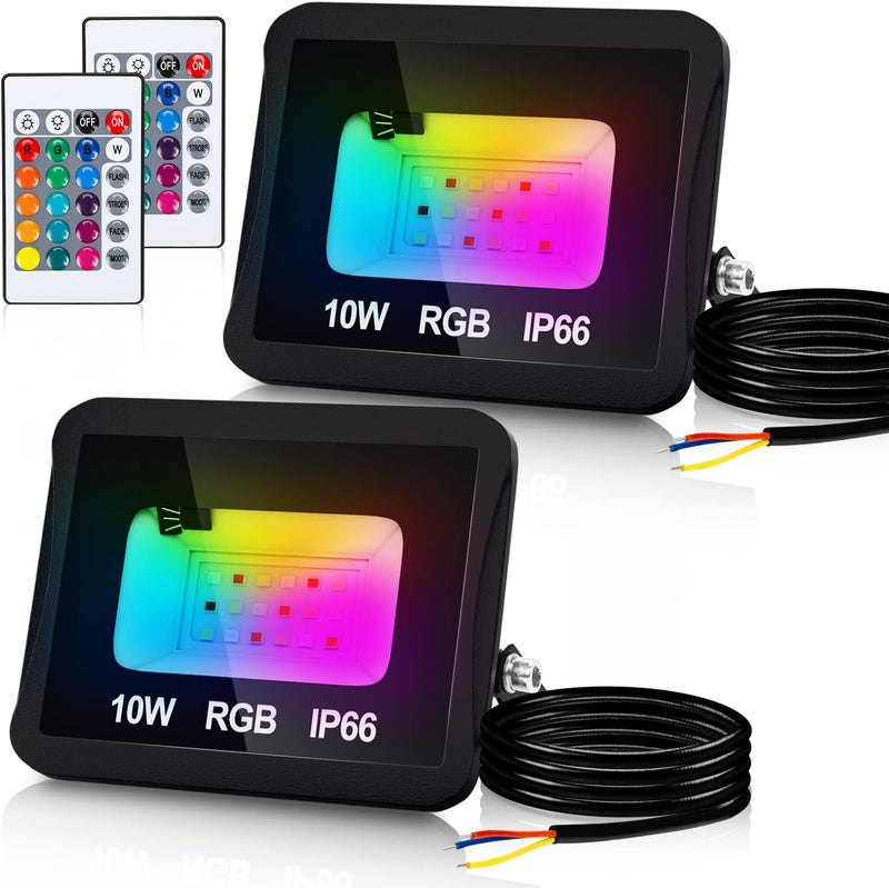 Lospitch 2er 10W RGB Flutlicht mit Fernbedienung, Farbwechsel Aussenstrahler IP66 Wasserdicht Schein