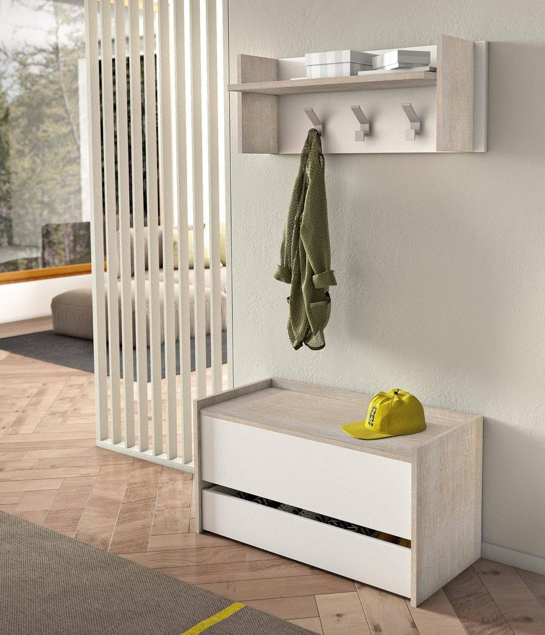 Dmora - Truhenbank Lantana, Moderne Eingangsmöbel mit Schuhregal, Koffertruhe mit zwei Behältern, 10