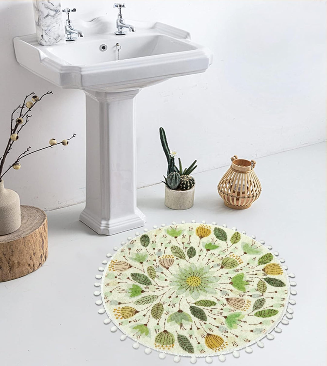 Uphome Kleiner runder Teppich, 60 cm Kreis, niedliche Badematte mit Pompons, Fransen, Blumenpflanze,
