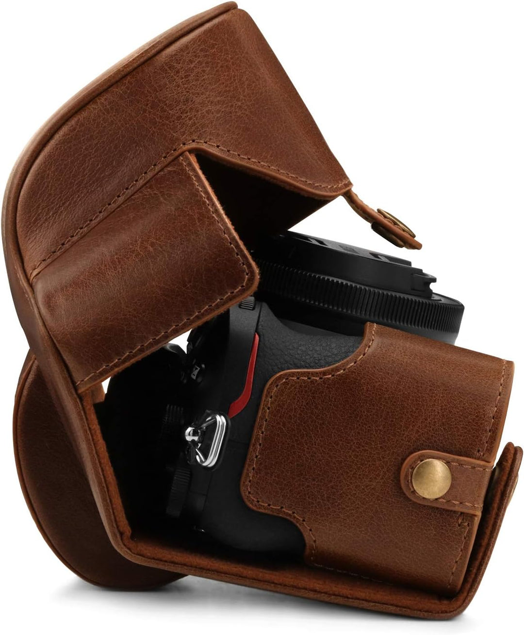 MegaGear Kameratasche aus echtem Leder, kompatibel mit Nikon Z50 (16–50 mm), Braun
