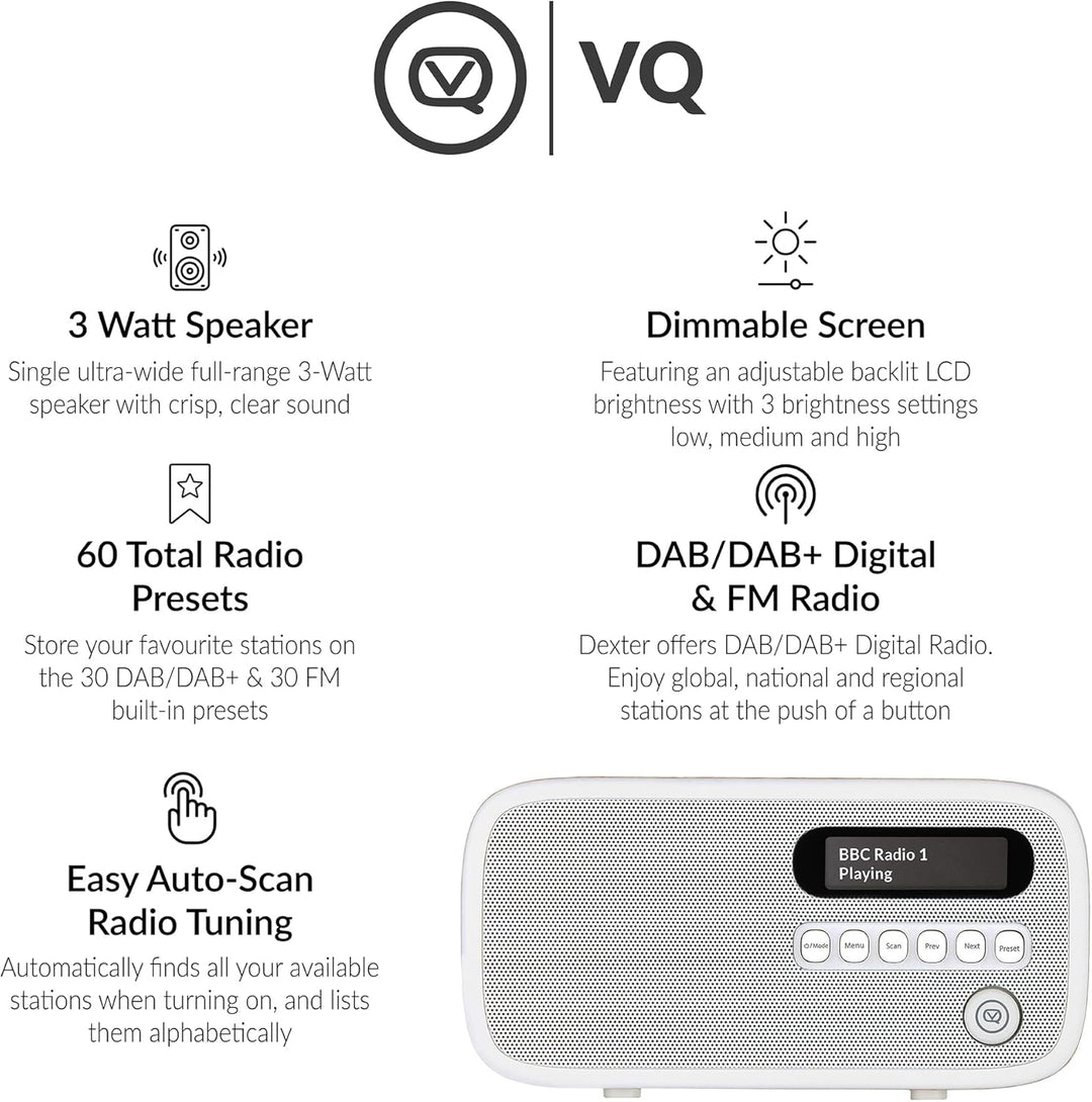 VQ Dexter Radio DAB Plus/DAB mit FM, 3 Watts Stereo Lautsprecher und LCD Bildschirm - Batteriebetrie