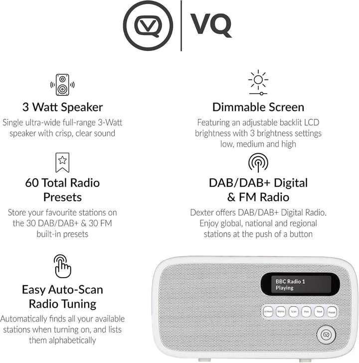 VQ Dexter Radio DAB Plus/DAB mit FM, 3 Watts Stereo Lautsprecher und LCD Bildschirm - Batteriebetrie