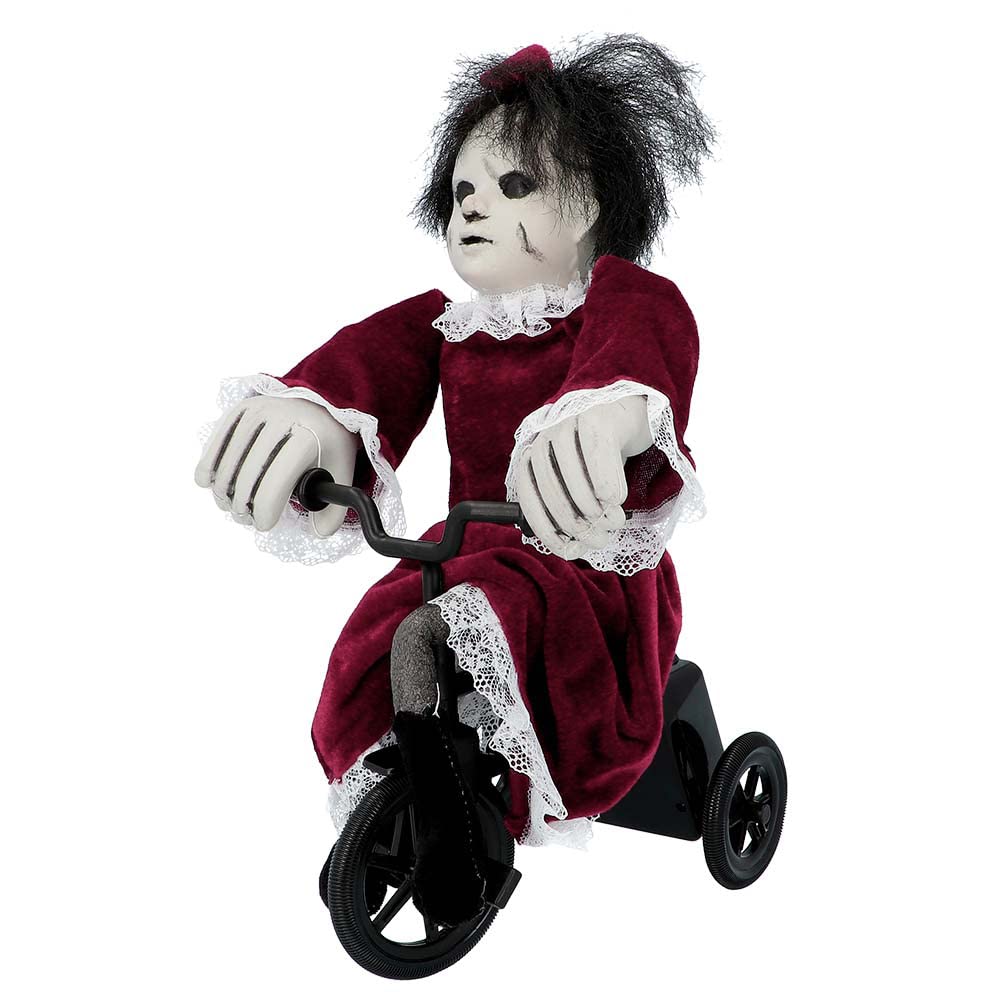 Boland 73048 - Interaktive Horror-Puppe auf Fahrrad, Grösse 35 x 21 cm, Angry Mathilde, Grusel-Puppe