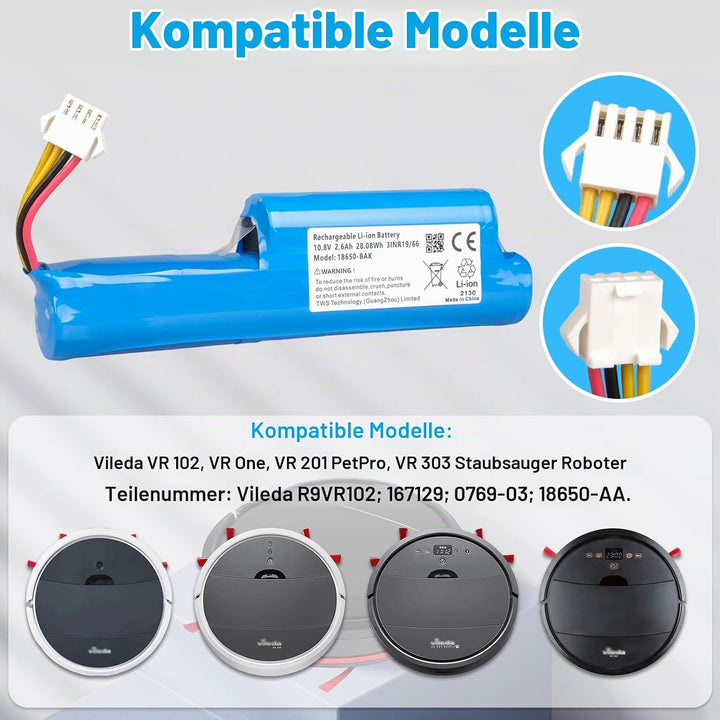 2600 mAh Akku Kompatibel mit Vileda VR 102, VR One, VR 201 PetPro, VR 303 Saugroboter, Ersatz Kompat