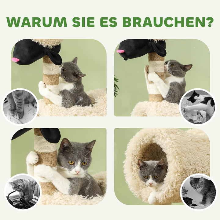 PawHut Kratzbaum 98 cm Katzenturm im Schaf-Design mit Kratzpfosten, Tunnel, Spielball, mehrstöckiger
