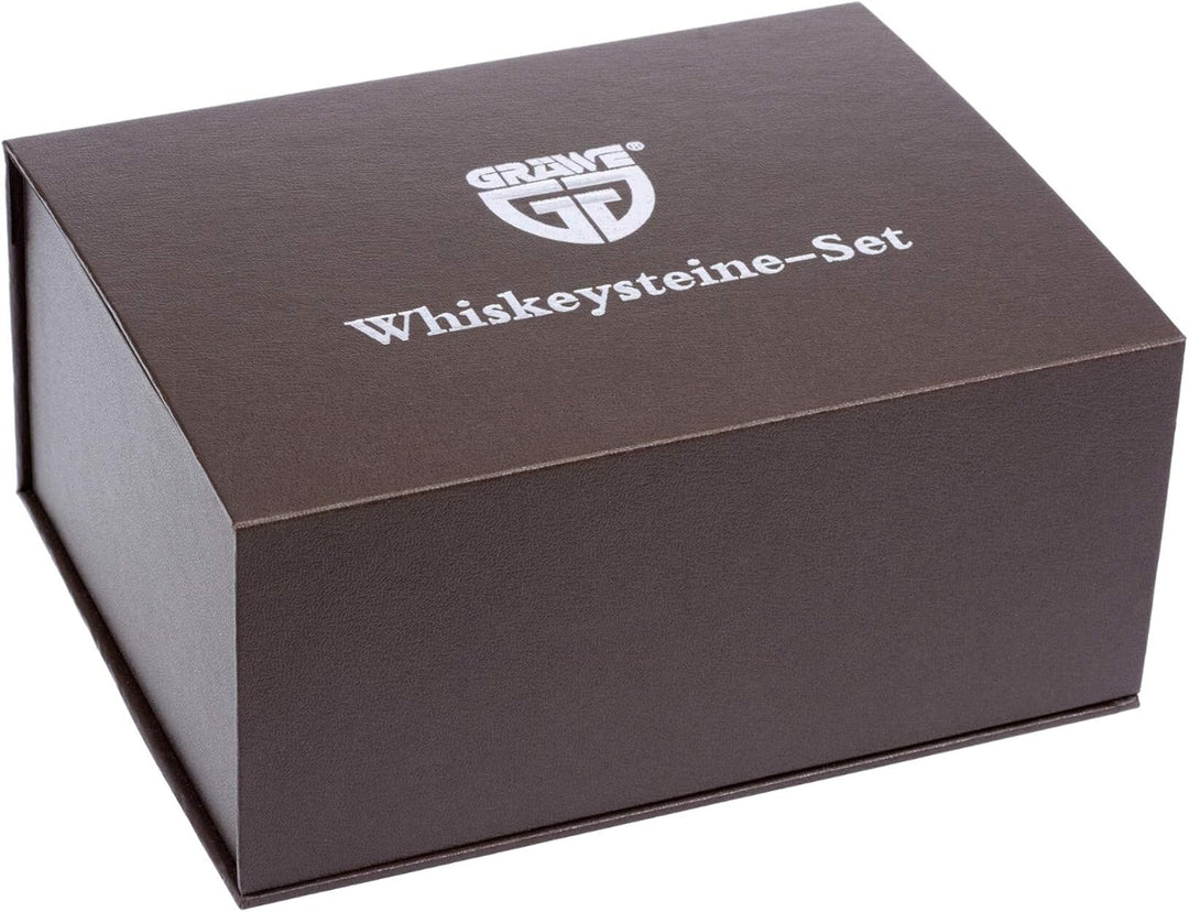 GRÄWE Whiskey-Steine Set aus Marmor - Geschenk-Box mit 6 Kühlsteinen, Stoffbeutel, Zange und Marmorb