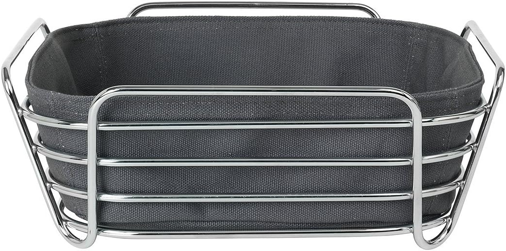 blomus -DELARA- Brotkorb L aus verchromtem Stahl, Magnet, Baumwoll-Stofftasche, trendiges und modern