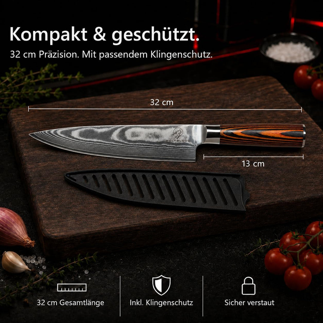 Wolfblood Damastmesser Küchenmesser XL(32cm) Profi-Kochmesser aus 67 Lagen Damaststahl &amp; VG10 Allzwe
