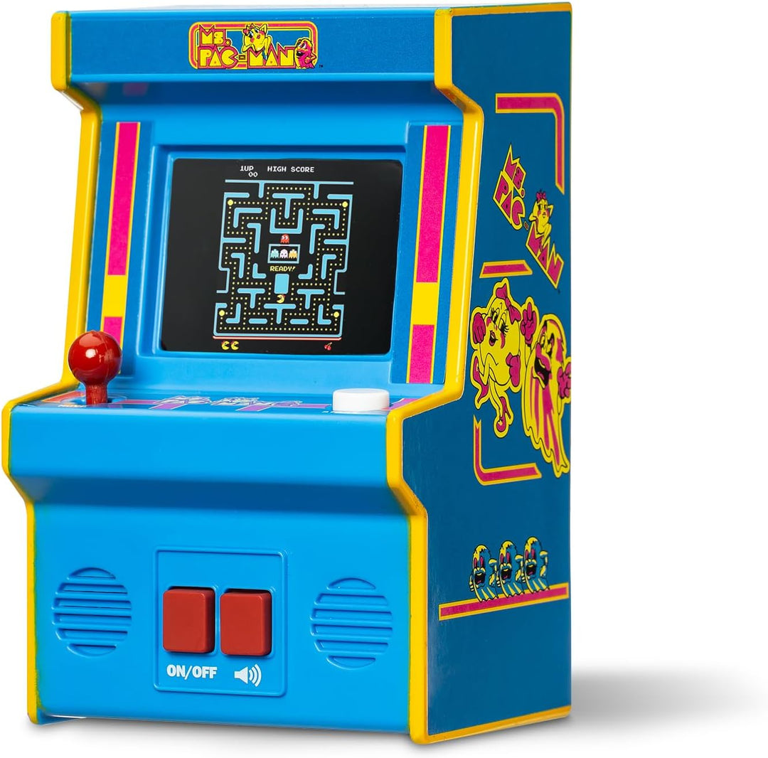 Basic Fun Arcade Classics Mini Ms. Pac-Man – Retro-Handheld-Spiel mit Joystick, Farbdisplay und Soun
