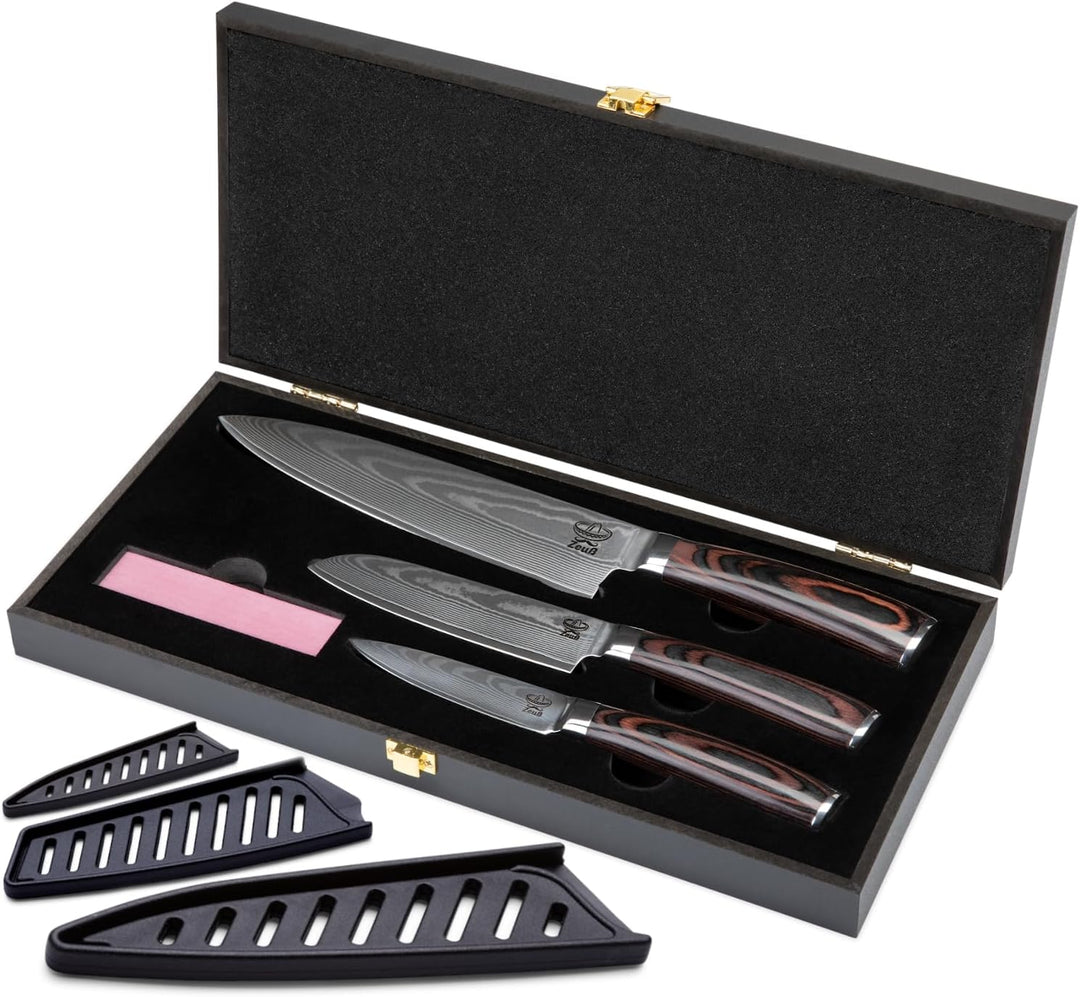 ZEUss Damastmesser-Set 3er (32 cm, 24 cm und 20cm) Profi-Damast-Küchenmesser Set aus 67 Lagen Damast