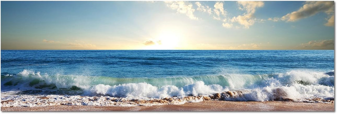 Augenblicke Wandbilder Leinwandbild als Panorama in 150x50cm Meer Strand Wellen Sonnenuntergang Wolk