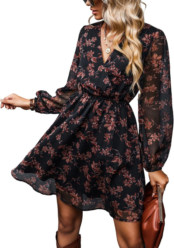 CUPSHE Damen Kleid V Ausschnitt Wickeloptik Transparente Lange Ärmel Blumenmuster Freizeitkleider Wr