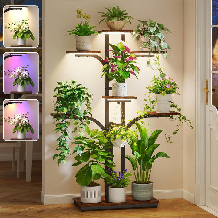 ikkle Pflanzenständer mit Wachstumslicht, 136 cm Hoher Blumenständer, 7-ebiges Eck-Pflanzenregal für