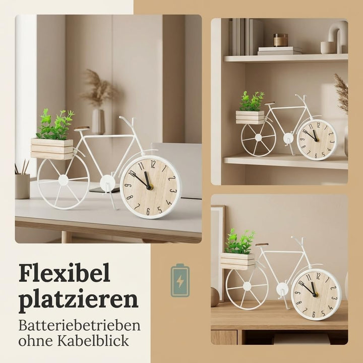 MIJOMA Tischuhr Fahrrad 34 x 24 cm – Metallrahmen mit Holzbox und Deko-Pflanze – analoges Zifferblat