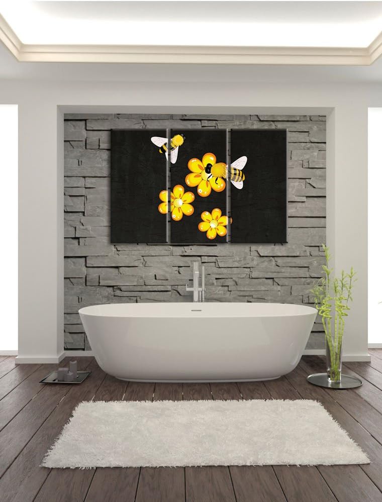 Pixxprint hübsche Bienen mit Blumen als Leinwandbild/Grösse: 3 Teilig (120x80) cm/Wandbild/Kunstdruc