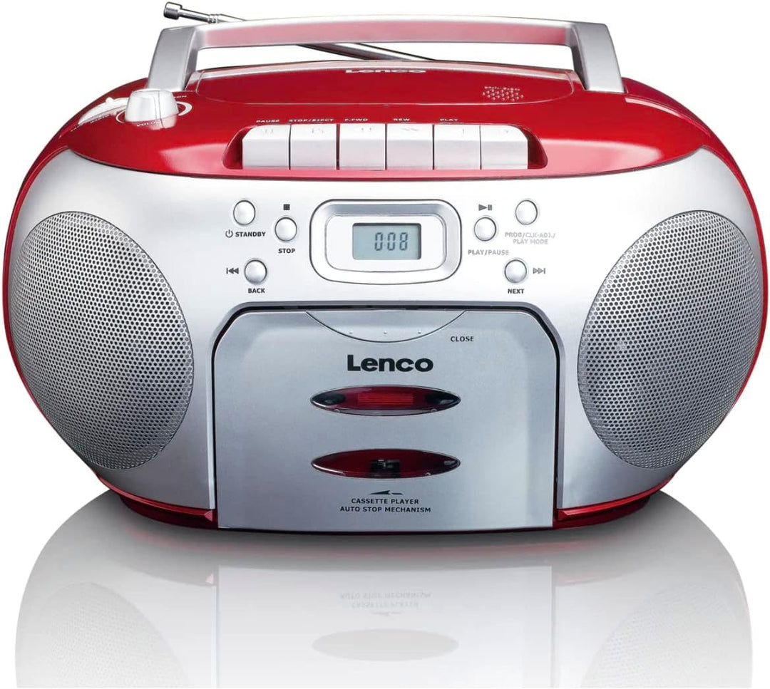 Lenco SCD-420RD Tragbares UKW-Radio mit Toplader CD-Spieler und Kassettendeck, LCD Display, Wiederho