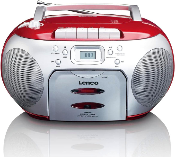 Lenco SCD-420RD Tragbares UKW-Radio mit Toplader CD-Spieler und Kassettendeck, LCD Display, Wiederho
