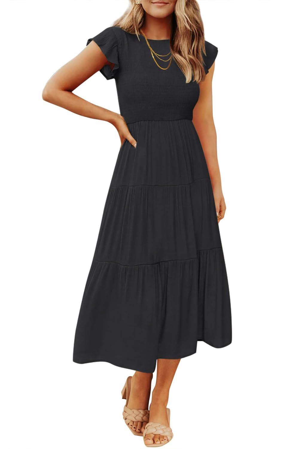 Damen Sommerkleid A Linie Kleider Kurzarm Kleid Midi Freizeitkleid S Schwarz, S Schwarz