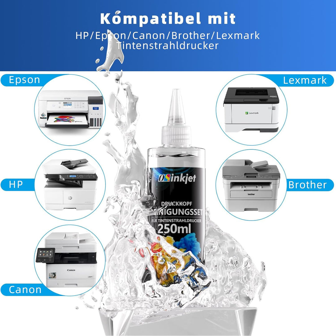 Druckkopfreiniger, 250ml Düsenreiniger Kompatibel für Epson HP Canon Brother Tintenstrahldrucker, Dr