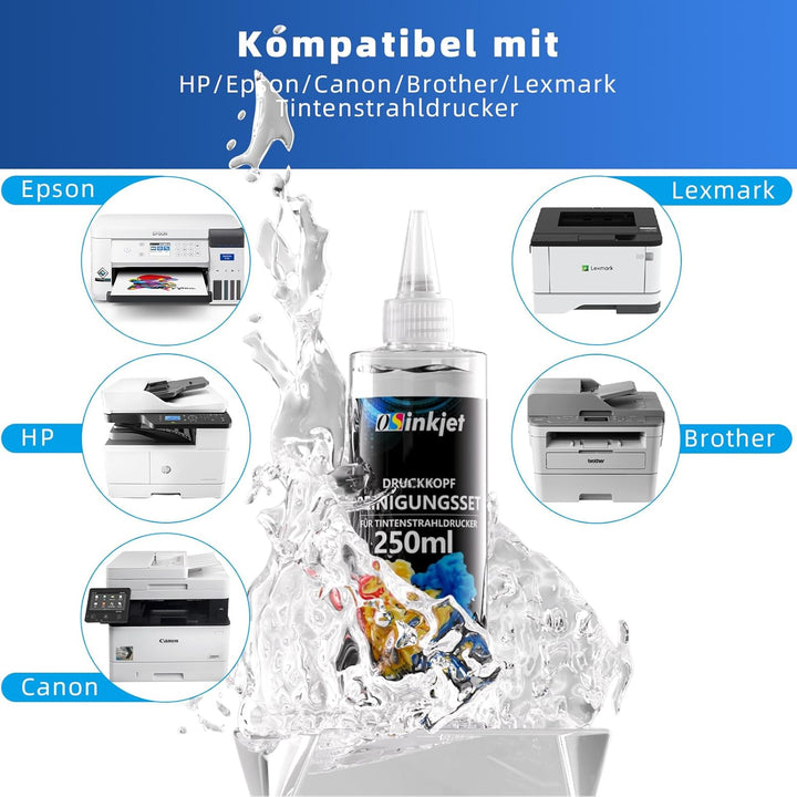 Druckkopfreiniger, 250ml Düsenreiniger Kompatibel für Epson HP Canon Brother Tintenstrahldrucker, Dr