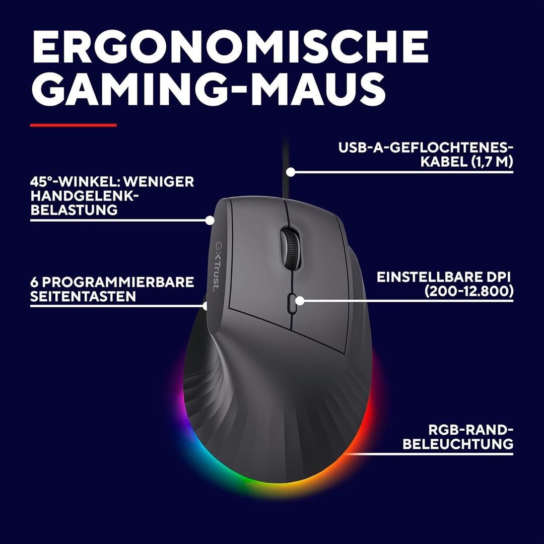 GXTrust 145 Rexxa Vertikale Gaming Maus mit Programmierbaren Tasten, 12.8k DPI, Ergonomische Maus mi