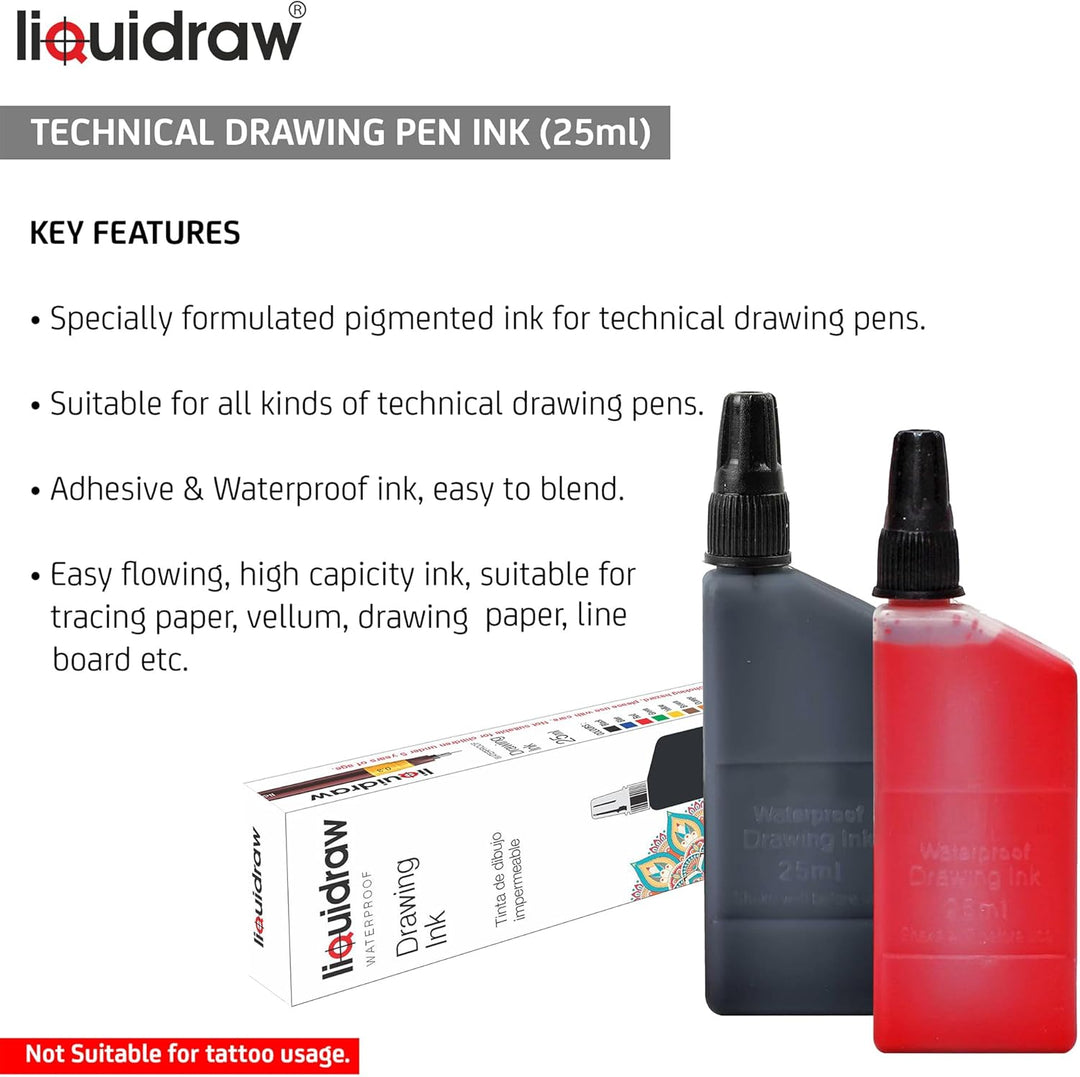 Liquidraw Technical Pen wasserfeste Zeichentinte, 25 ml, verschiedene Farben (kompatibel mit Rotring