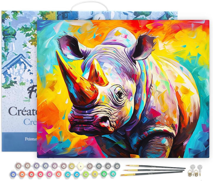 Figured'Art Malen Nach Zahlen Erwachsene Mit Rahmen Nashorn Farbenfroh Abstrakt - Paint by Numbers B