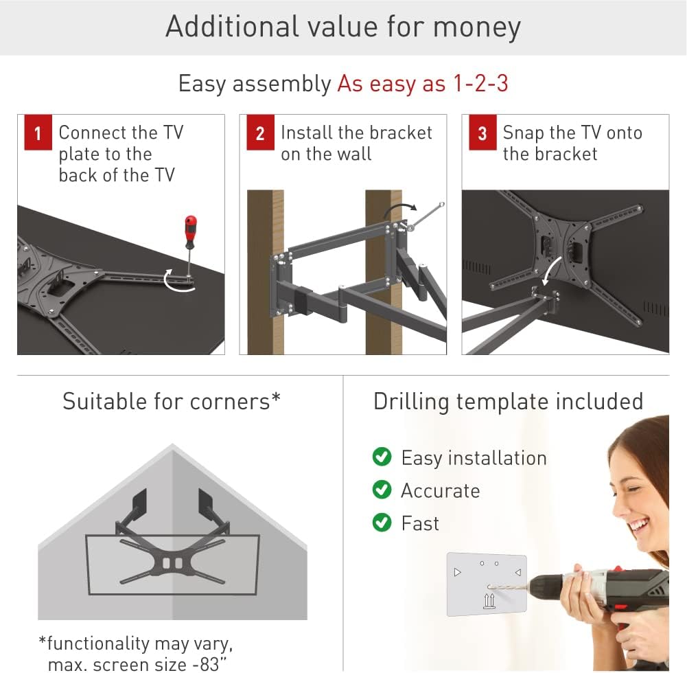 Barkan 1 Meter lang TV Wandhalterung, 13 - 80 Zoll Doppelarm, Schwenkbar / Vollbewegung flach & curv
