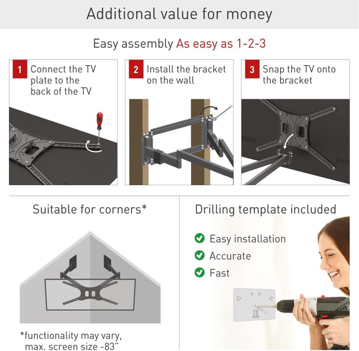Barkan 1 Meter lang TV Wandhalterung, 13 - 80 Zoll Doppelarm, Schwenkbar / Vollbewegung flach & curv