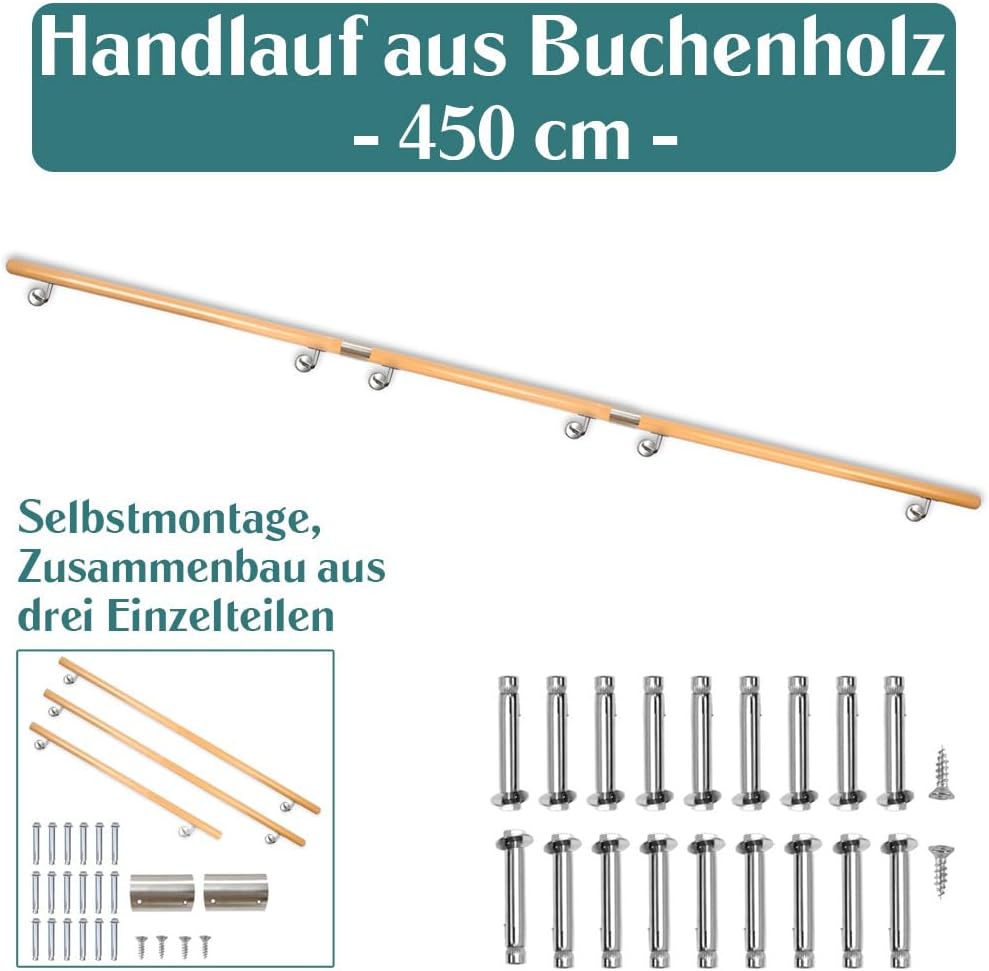 Buche Holz Handlauf Treppengeländer Geländer für Treppe Wandhandlauf V2Aox | 450 cm, Wand, seitliche