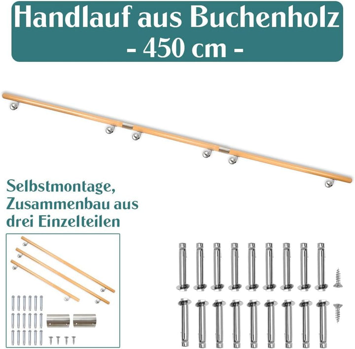 Buche Holz Handlauf Treppengeländer Geländer für Treppe Wandhandlauf V2Aox | 450 cm, Wand, seitliche