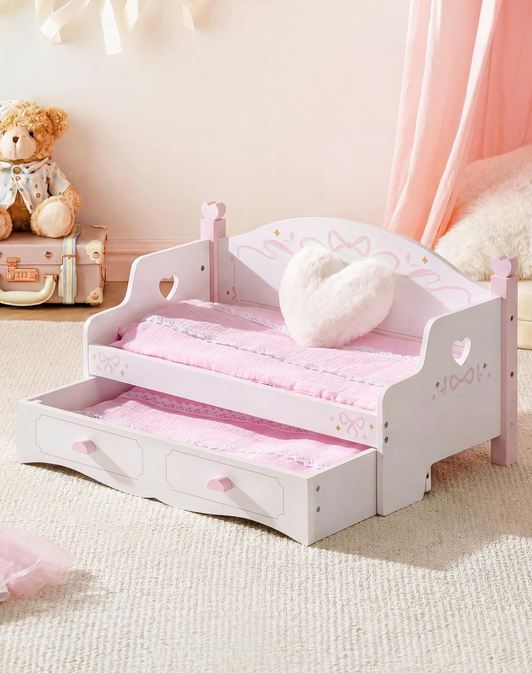 ROBOTIME Holz Puppen Doppelbett, Sofa Bett mit Ausziehfunktion, Puppen Etagenbett mit 2 Sets Bettwäs