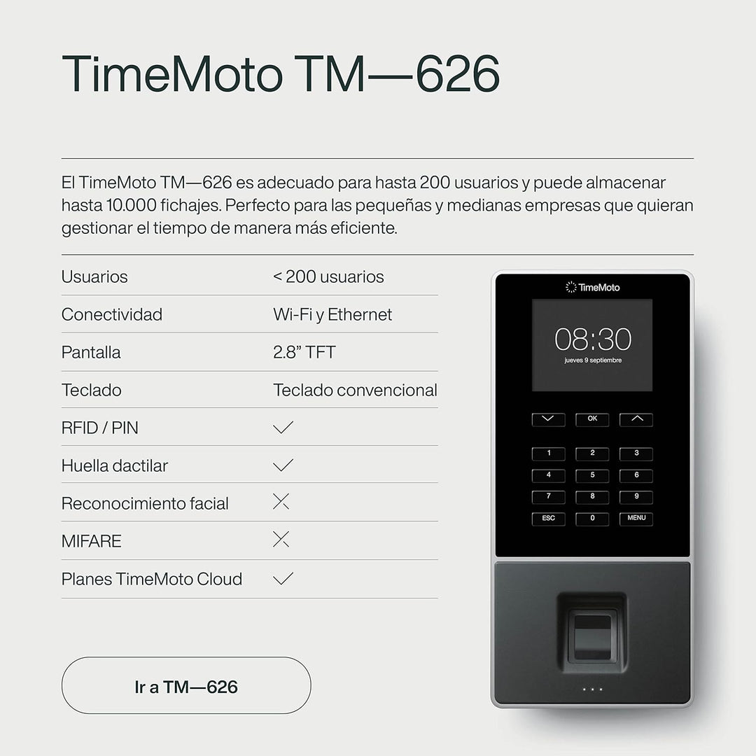 TimeMoto TM-626 - Zeiterfassungssystem mit Fingerabdruck- und RFID-Leser für bis zu 200 Benutzer - I