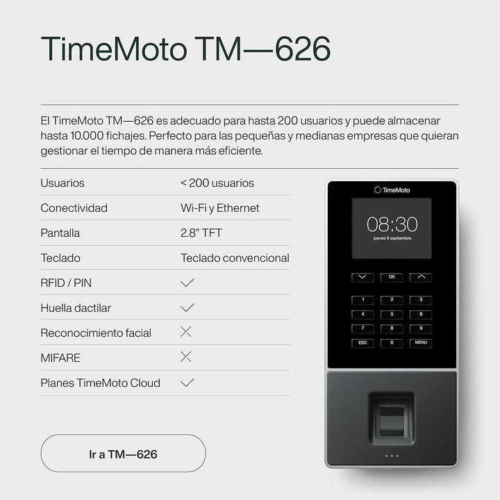 TimeMoto TM-626 - Zeiterfassungssystem mit Fingerabdruck- und RFID-Leser für bis zu 200 Benutzer - I