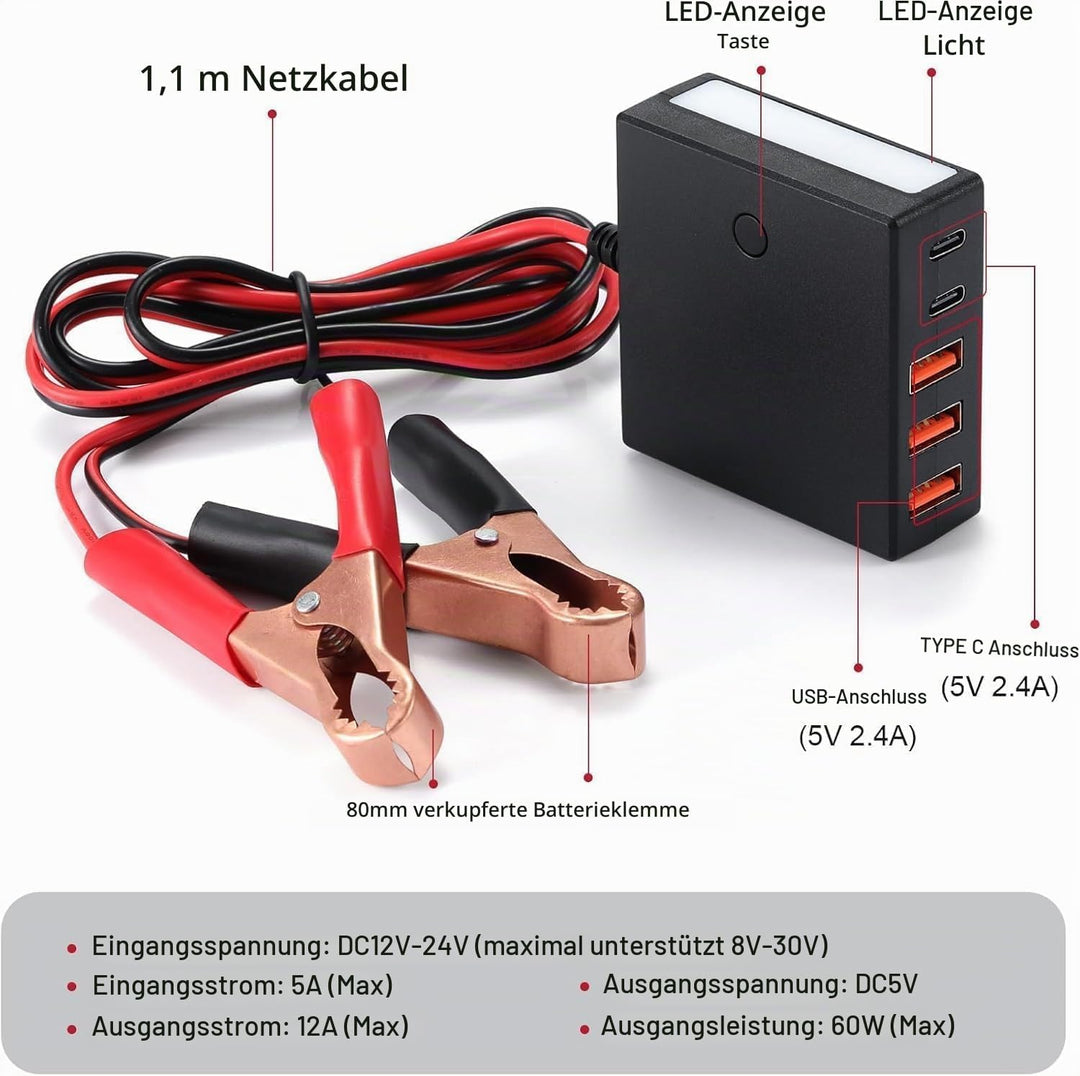 DC-Konverter 12V/24V auf 5V 12A, bis zu 60W, mit Batterieklemmen, USB-C, Mehreren Anschlüssen, Buck-