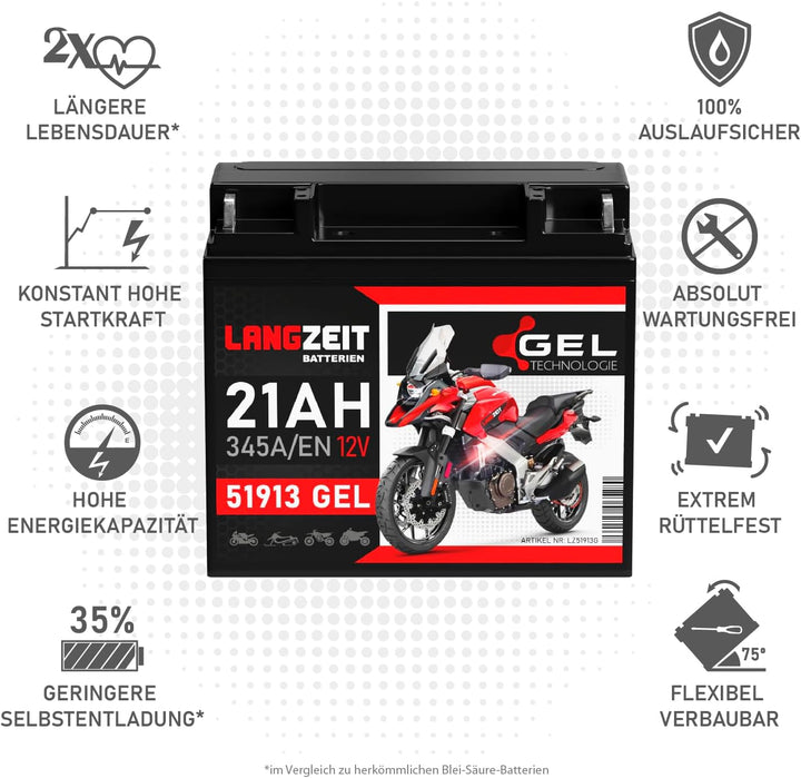 LANGZEIT 51913 GEL Motorradbatterie 12V 21Ah 345A/EN Gel Batterie 519013017 ABS 19Ah G19 doppelte Le