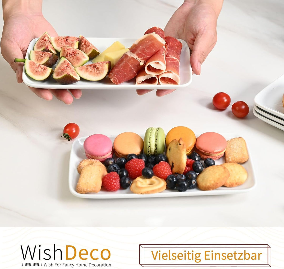 WishDeco Teller Rechteckig 6er Set, Servierplatten Porzellan Weiss 23x12 cm, Servierteller Länglich,