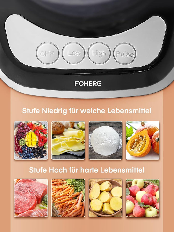 FOHERE Küchenmaschine 2,1 L, 2-in-1-Doppeleinfüllschacht | 2 Geschwindigkeiten + Puls, Edelstahlklin