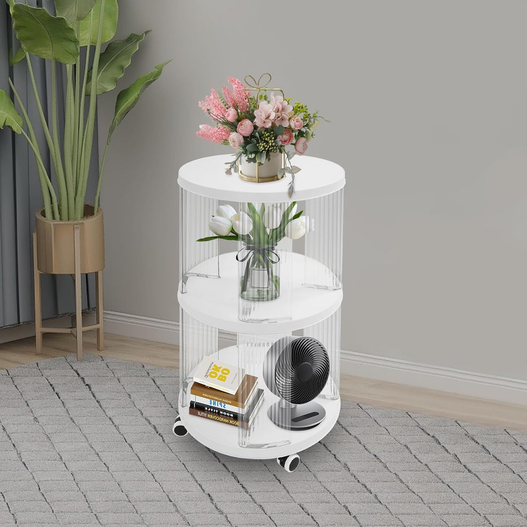Bücherregal drehbar Klein 40,5x72,5cm Rund 2 Etagen Weiss Klar Freistehend | 4 Rollen mit Bremse ABS