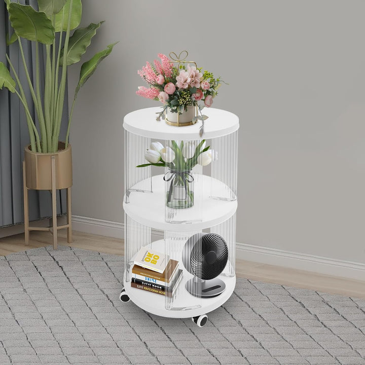 Bücherregal drehbar Klein 40,5x72,5cm Rund 2 Etagen Weiss Klar Freistehend | 4 Rollen mit Bremse ABS