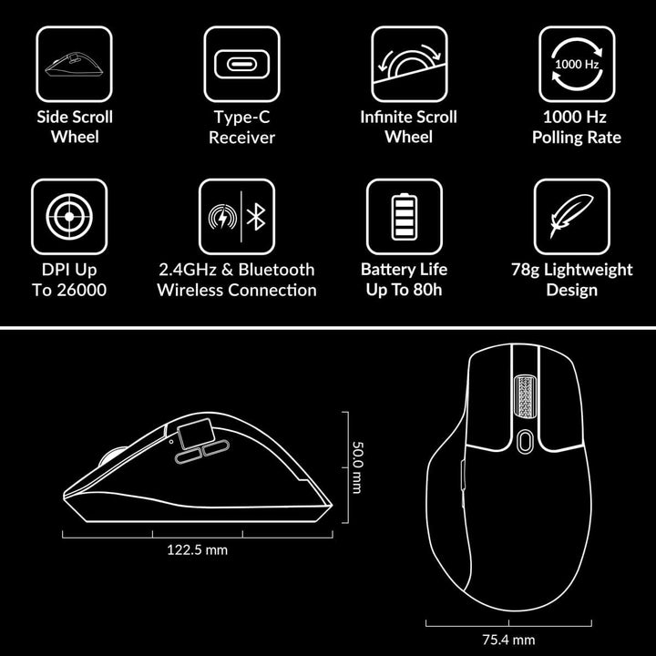 Keychron M6 Wireless Bluetooth/2.4 GHz/Kabelgebundene Optische Maus,1000Hz Leichtgewicht 86g Program