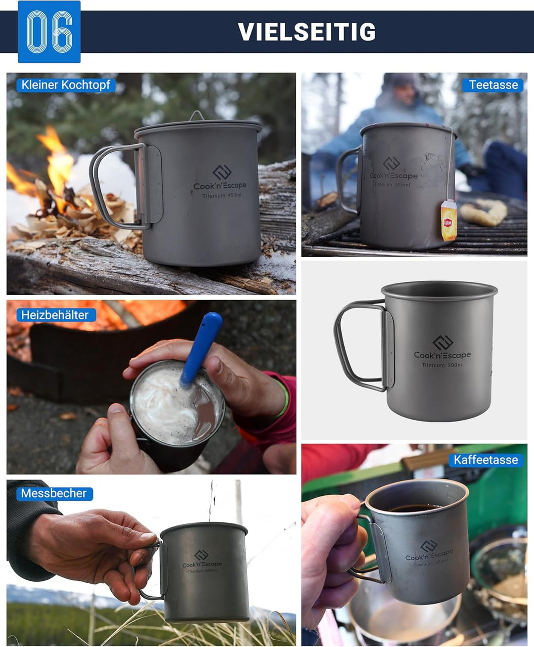 COOK'N'ESCAPE Titan 300ml Camping Tasse Becher Open Fire Kochausrüstung mit faltbaren Griffen für Ou