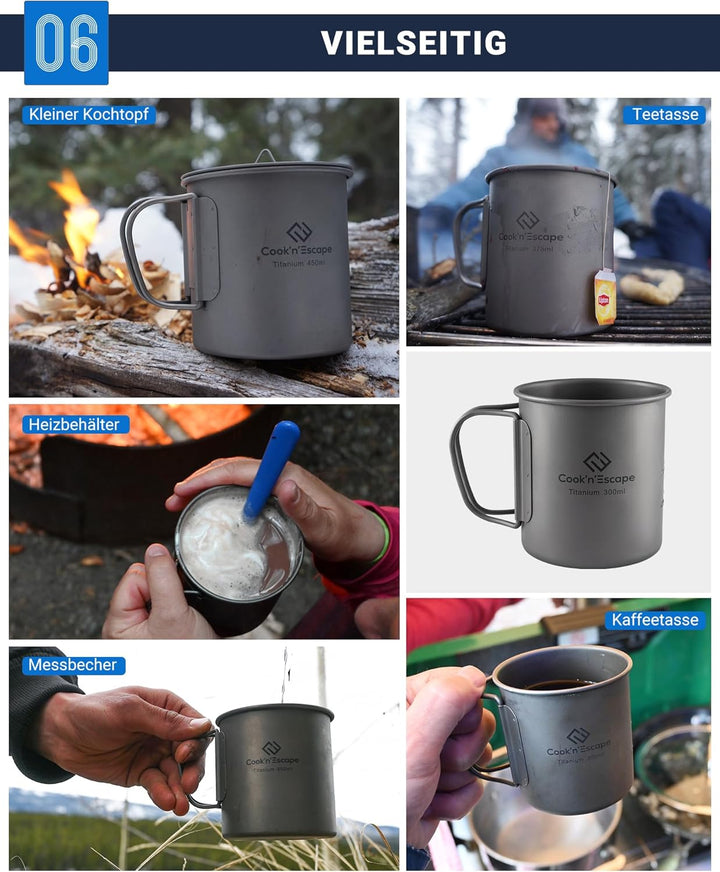 COOK'N'ESCAPE Titan 300ml Camping Tasse Becher Open Fire Kochausrüstung mit faltbaren Griffen für Ou