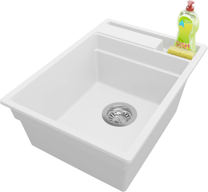 PRIMAGRAN Spülbecken Weiss 38x53cm, Granitspüle 1 Becken + Ablauf-Set, Küchenspüle ab 40er Unterschr