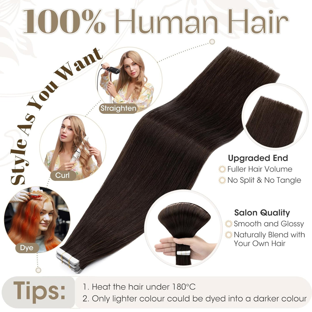 Elailite Echthaar Extensions Tape in #2 Dunkelbraun 20 stück Invisible Kleber Haarverlängerung Klebe