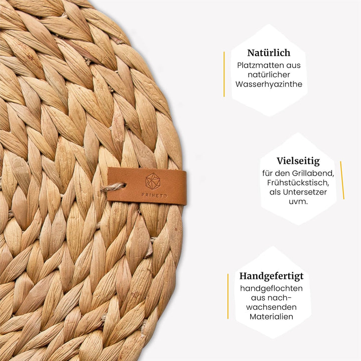 FRIHET® runde Platzdeckchen geflochten aus Wasserhyazinthe | naturverbundene Boho-Tischdeko | Tischs