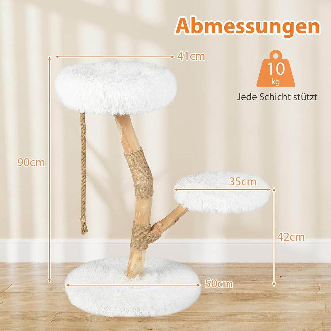 COSTWAY 90 cm Kratzbaum Holz, Katzenbaum mit Kratzpfosten aus Jute und Massivholz, 3 Plüschsitzfläch
