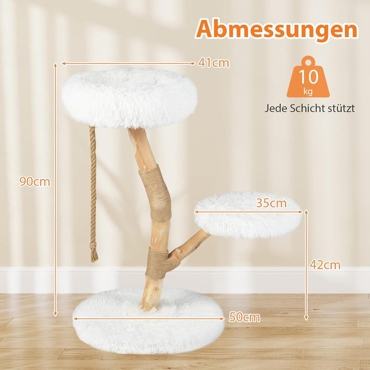 COSTWAY 90 cm Kratzbaum Holz, Katzenbaum mit Kratzpfosten aus Jute und Massivholz, 3 Plüschsitzfläch