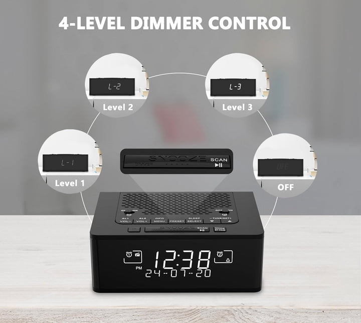 Radiowecker mit Bluetooth Lautsprecher, Digital-FM-Radio mit Schlummer Funktion, Dimmer Steuerung, H